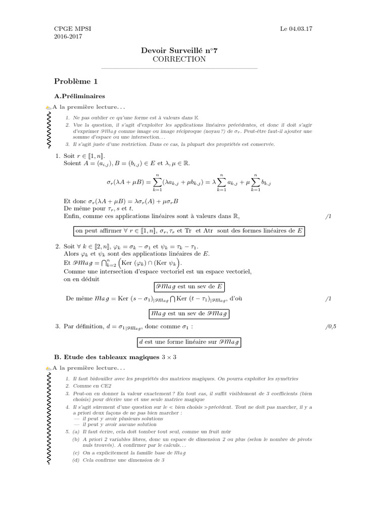 Correction Devoir CPGE MPSI 2017 | PDF | Matrice (Mathématiques ...
