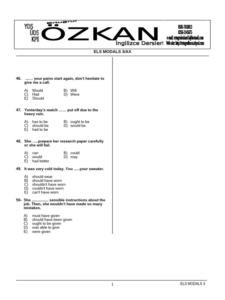 ELS Modals Practice Questions | PDF