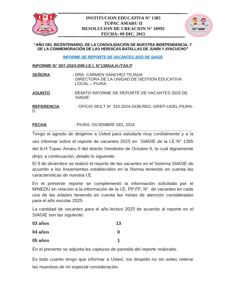 Vacantes 2025 en I.E. N° 1385 SIAGIE | PDF