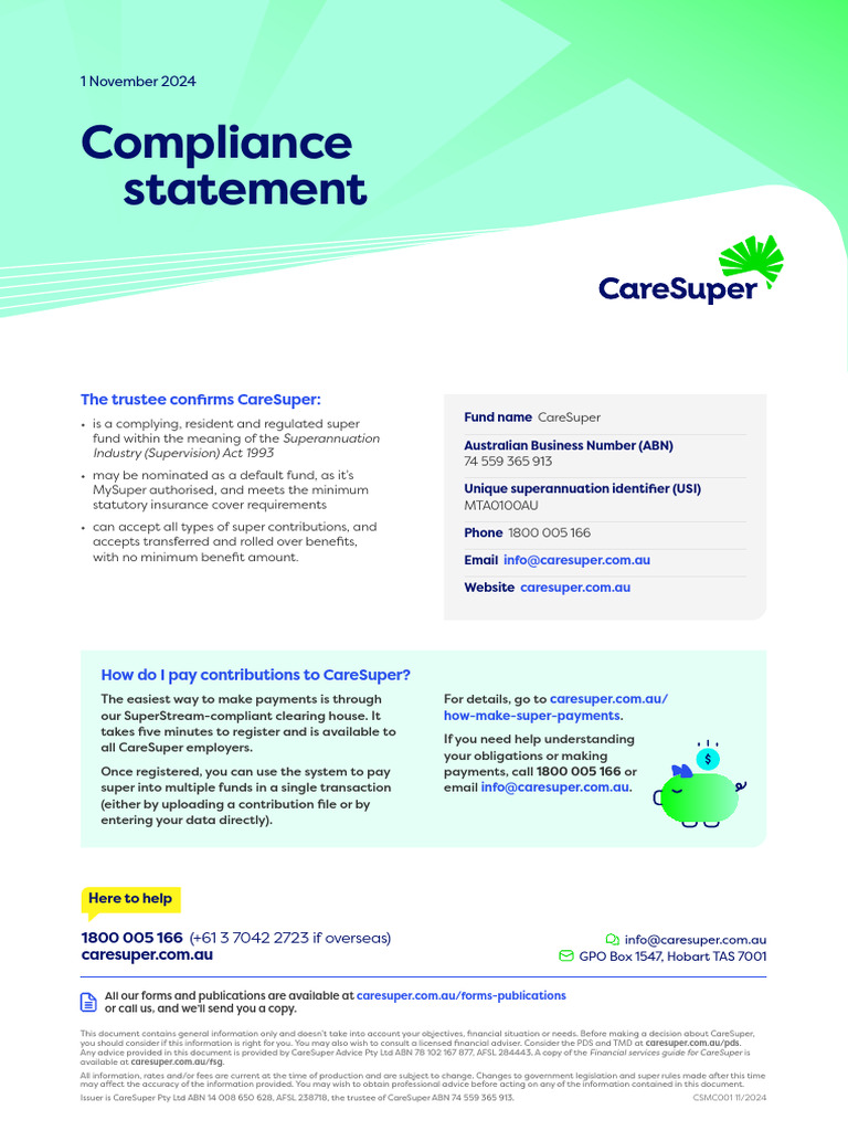 CareSuper Compliance Statement 2024 | PDF | Business Law | Business