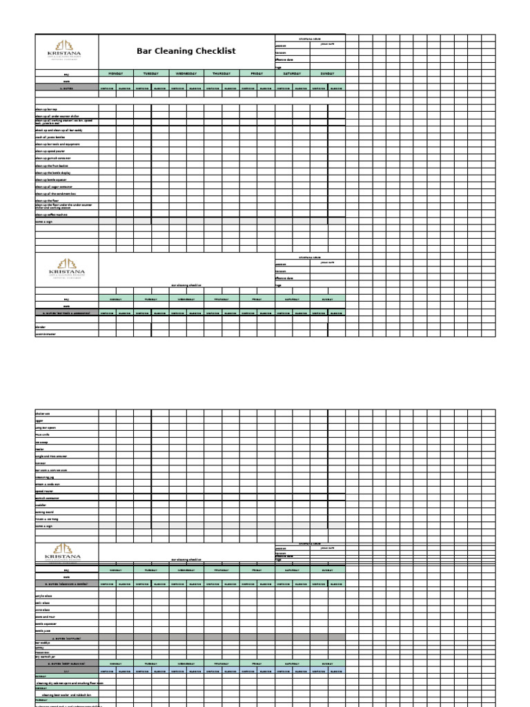 Weekly Bar Cleaning Checklist | PDF | Refrigerator | Food And Drink ...