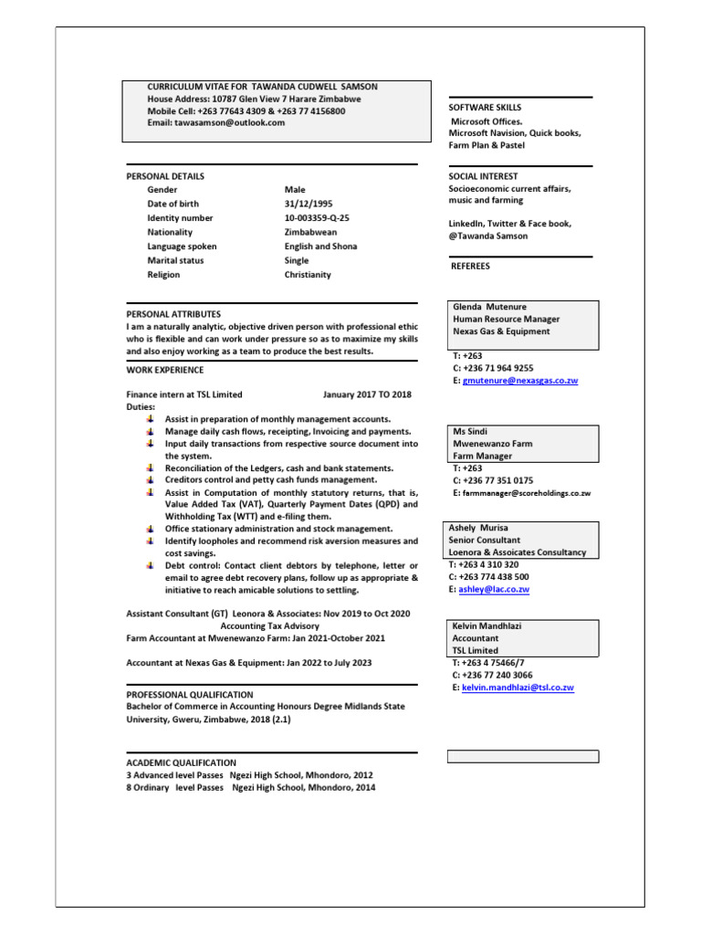 Tawanda Samson Cv[1] | PDF | Economies | Business