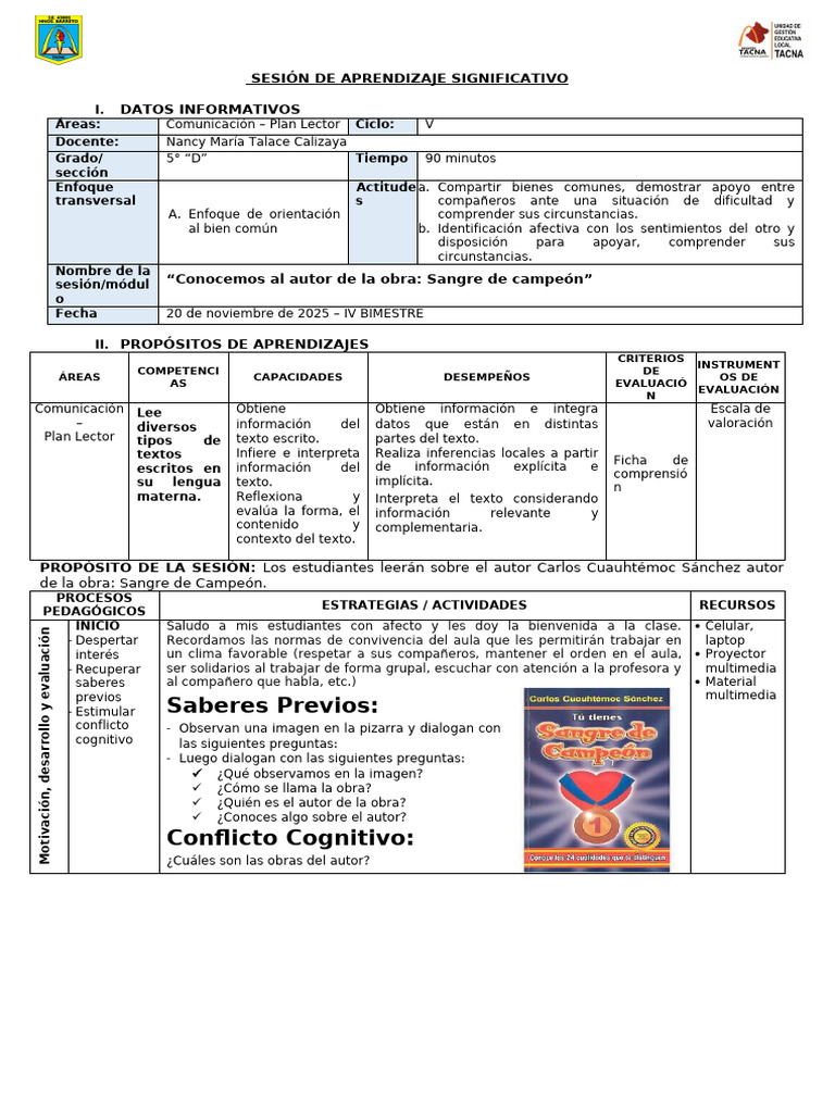 5° D - Plan Lector - Sesión de aprendizaje N 221 | PDF | Metacognición ...