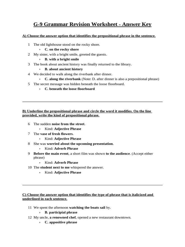 G-9 Grammar Worksheet Answer Key | PDF | Subject (Grammar) | Adverb