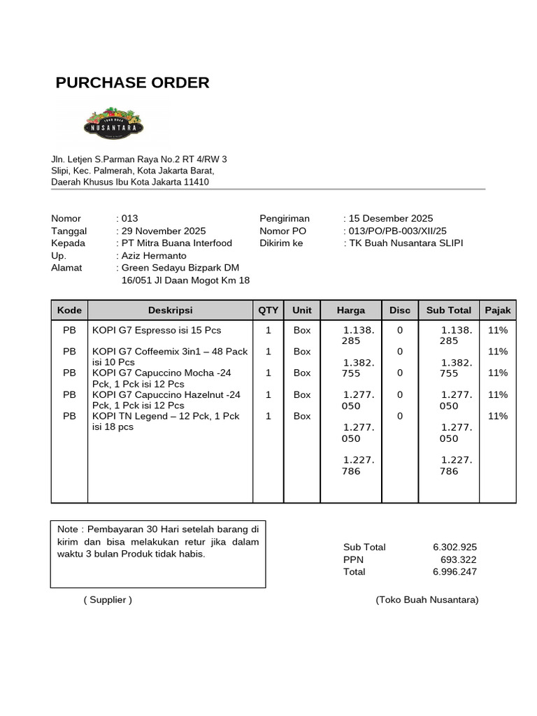 Order Pembelian Kopi G7 Jakarta | PDF