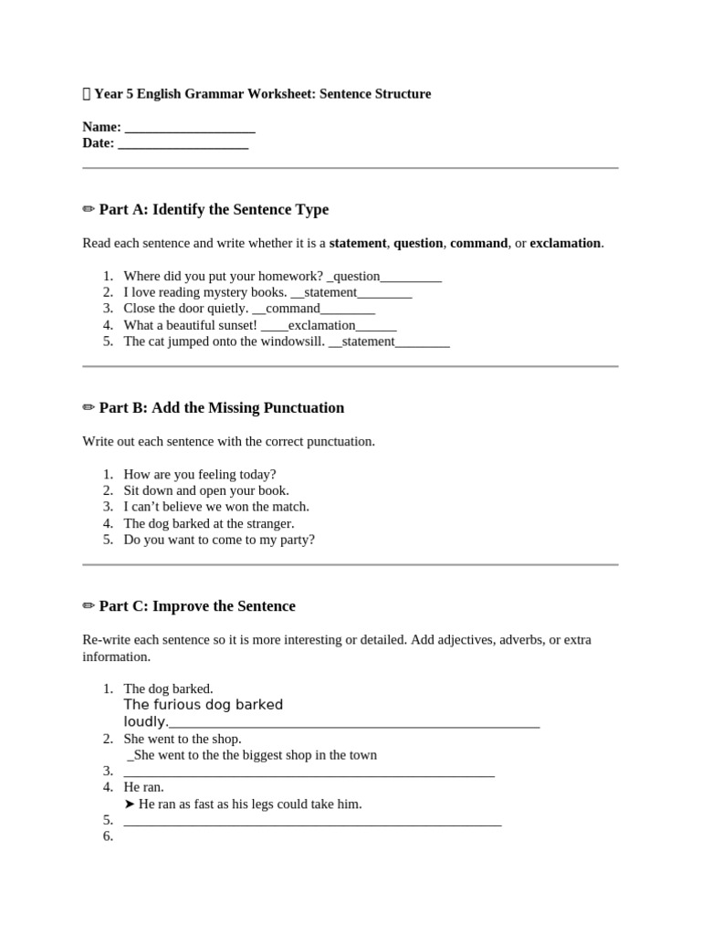 Year 5 English Grammar Worksheet | PDF
