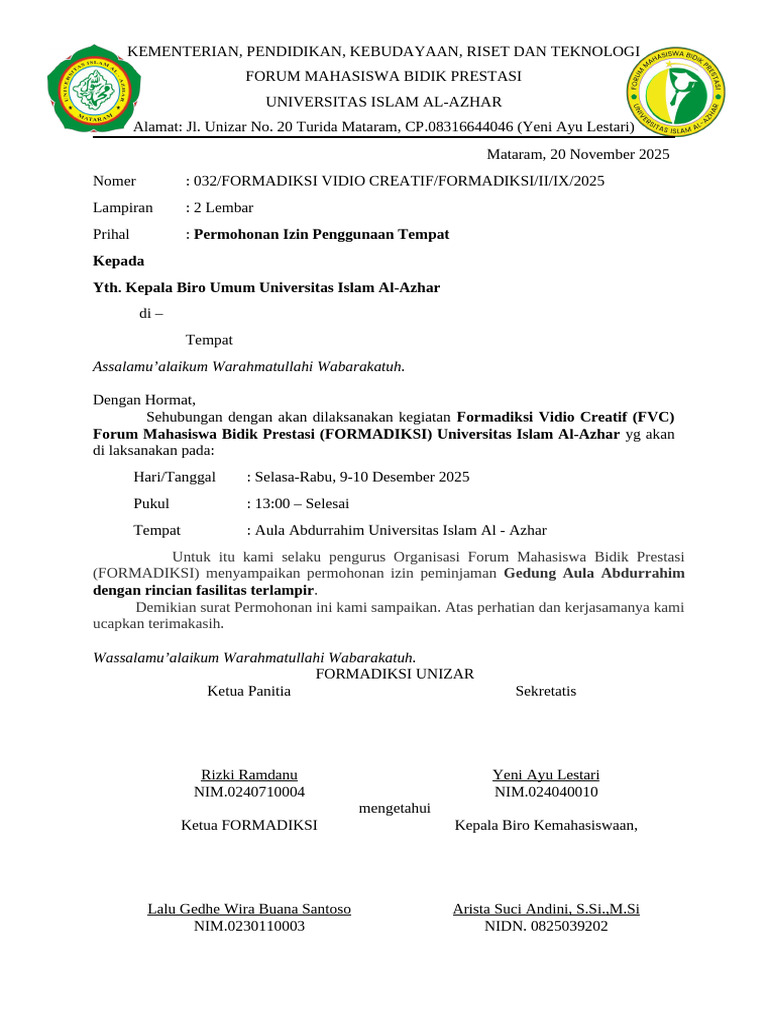 Permohonan Izin Peminjaman Aula FVC | PDF