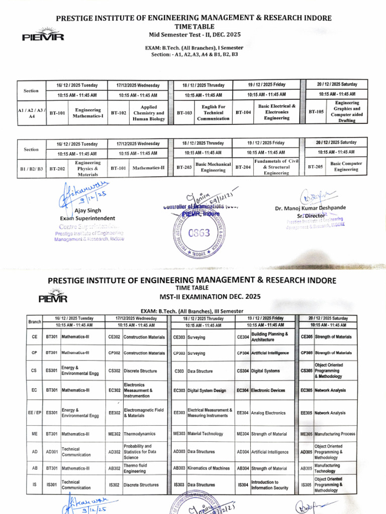 B.Tech Exam Timetable December 2025 | PDF | Engineering | Mechatronics