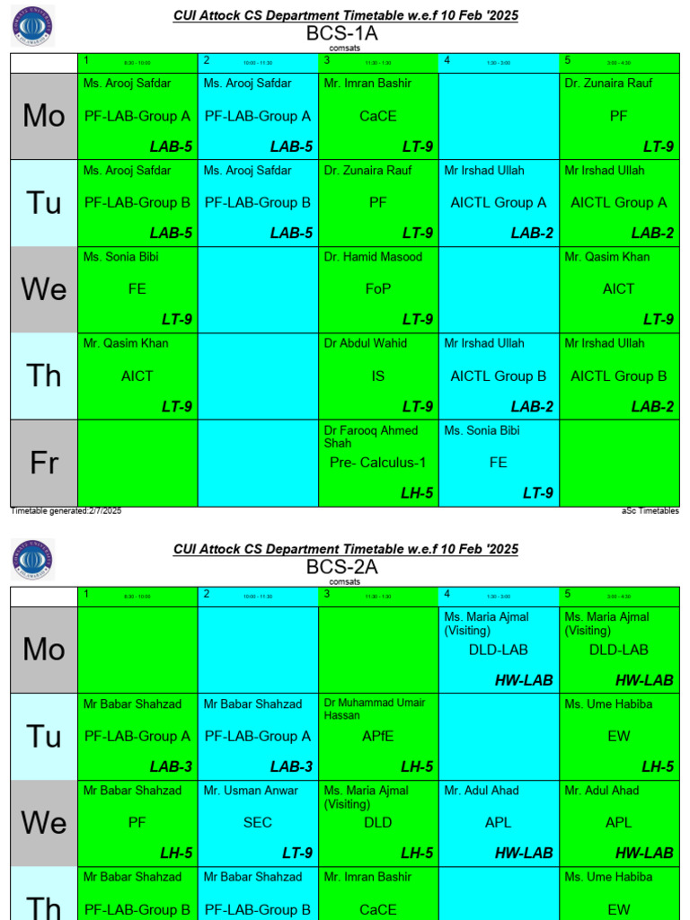 CUI Attock CS Department Timetable | PDF