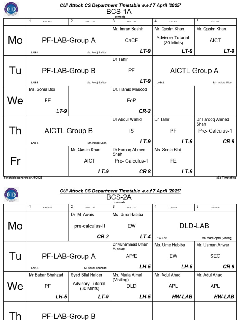 CUI Attock CS Department Timetable | PDF