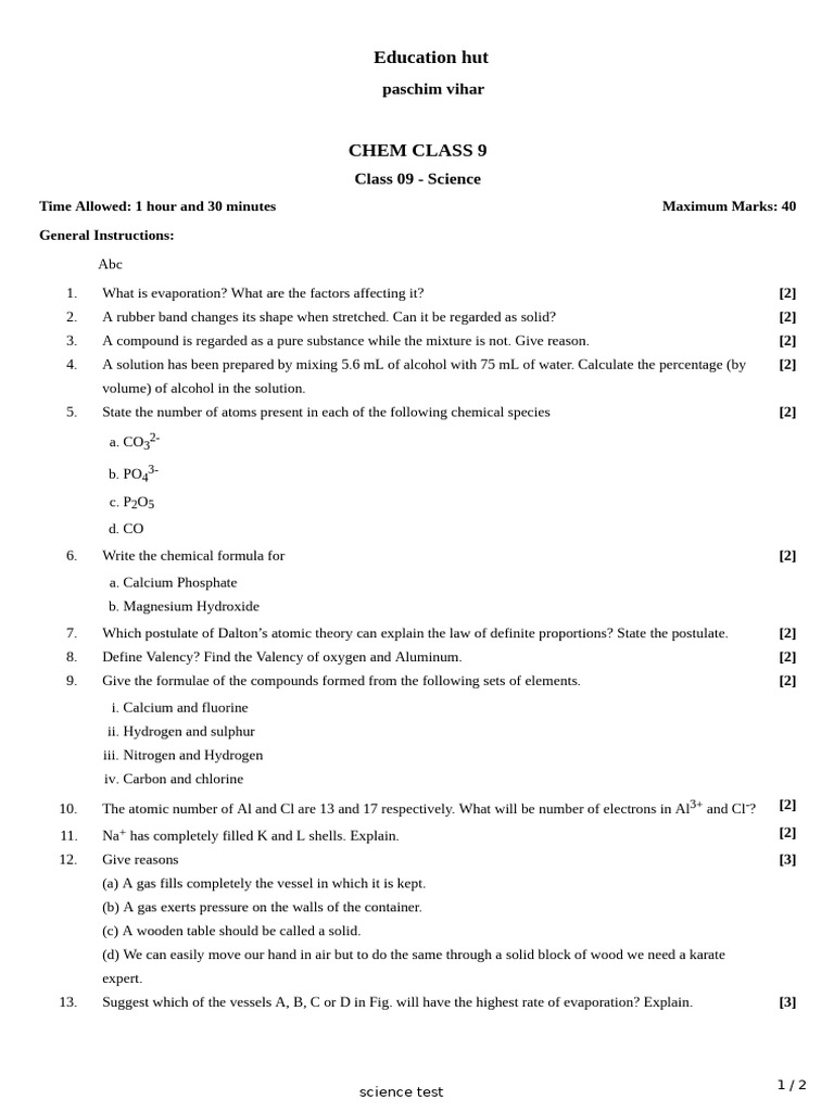 Class 9 Science Test Questions | PDF | Chemical Substances | Chlorine