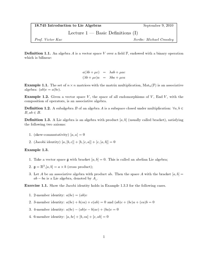 Kac - Lie Algebras Notes (2010) | PDF | Lie Algebra | Mathematical Objects