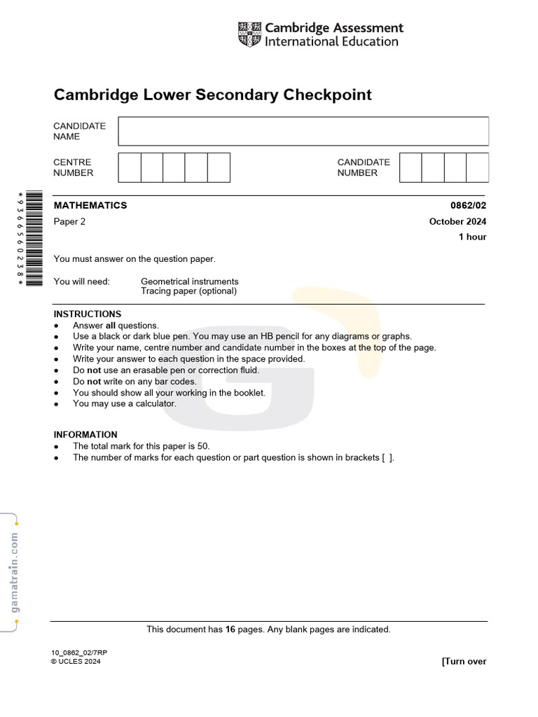 Cambridge Lower Secondary Math Exam Paper | PDF | Area