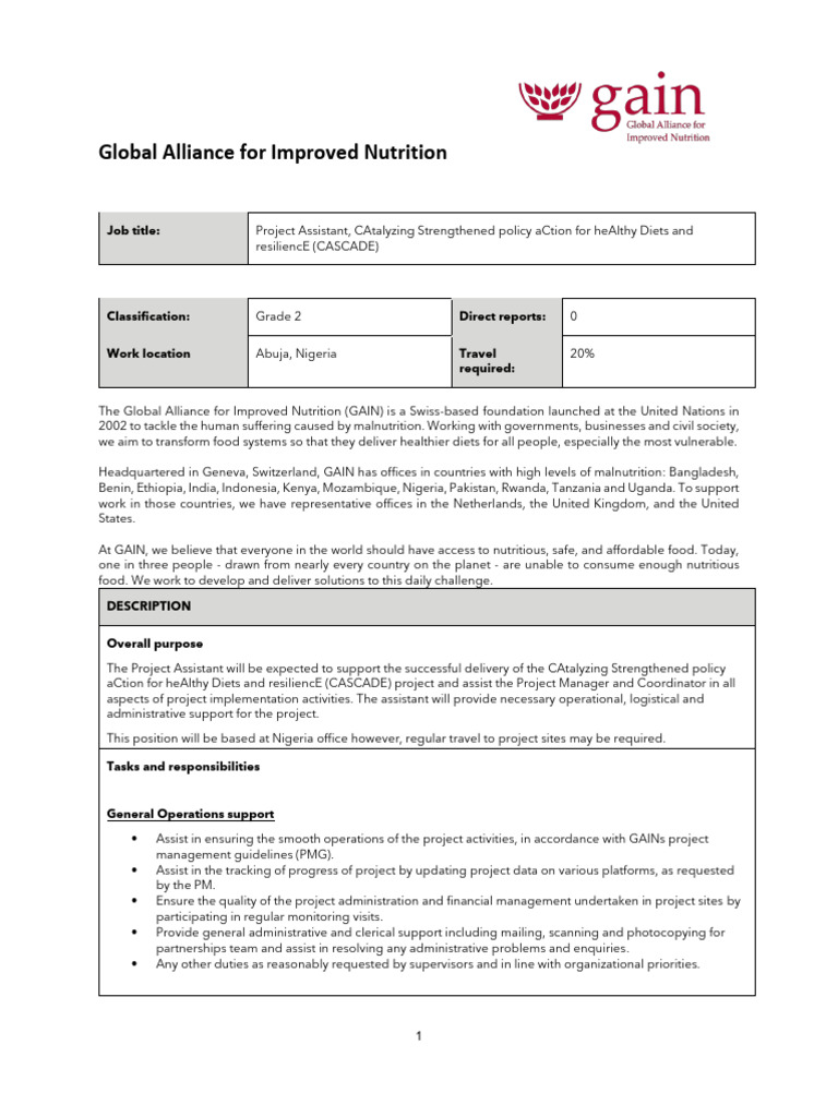 Project Assistant Job at GAIN Nigeria | PDF | Business