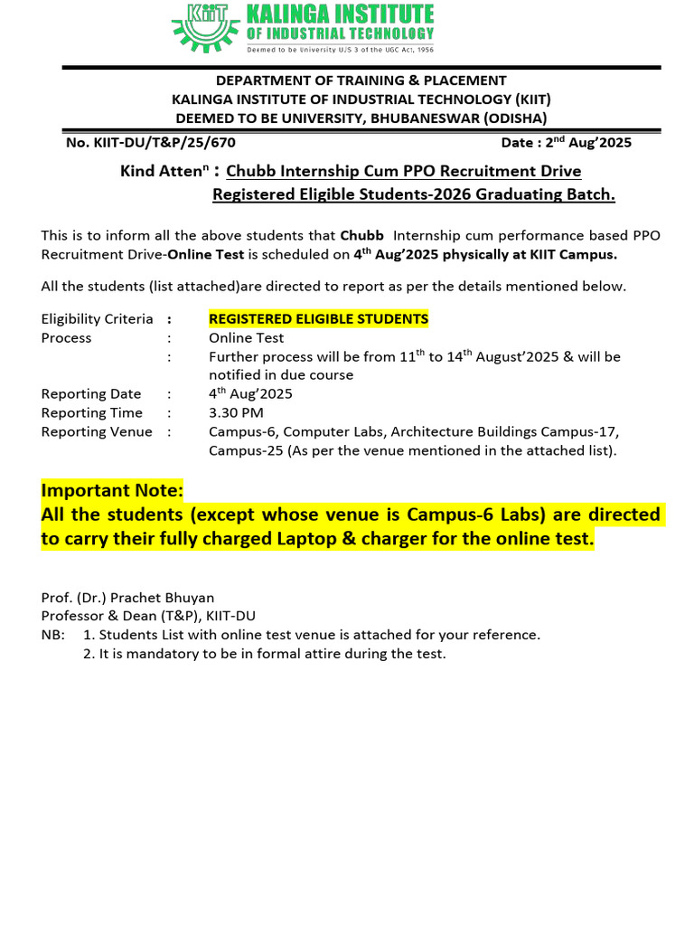 Chubb Internship Recruitment Drive 2025 | PDF
