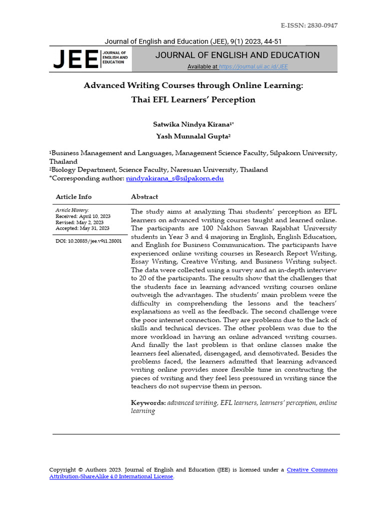 Thai EFL Learners' Views on Online Writing | PDF | Educational ...