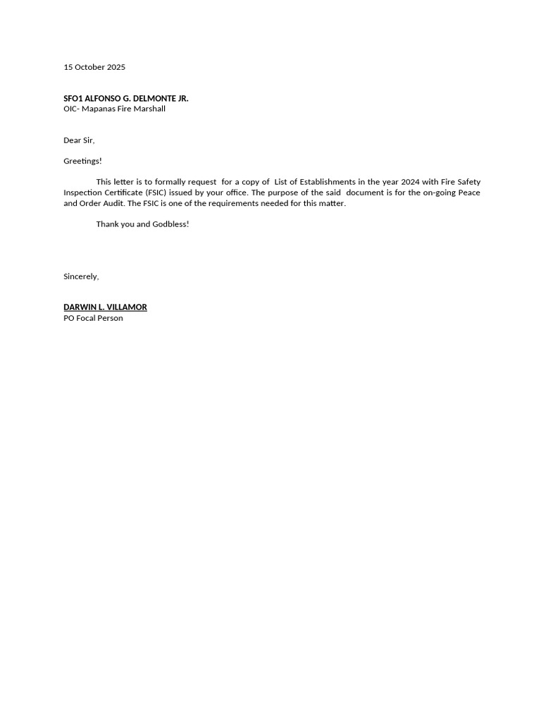 Request for 2024 FSIC Establishments List | PDF