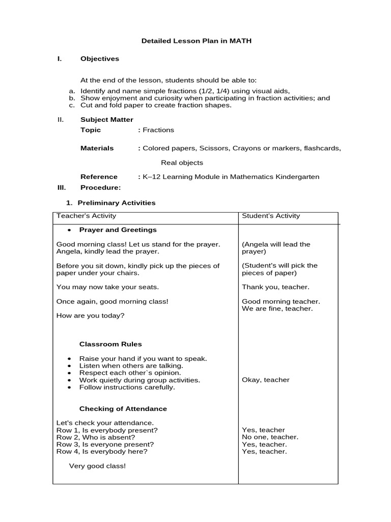 Kindergarten Math Lesson Plan: Fractions | PDF | Teachers | Learning