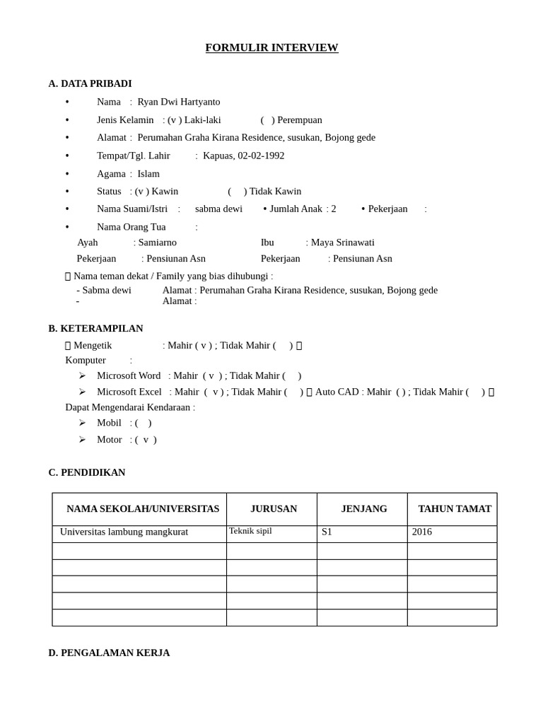 Formulir Interview JKT (Ryan Dwi Hartyanto) | PDF