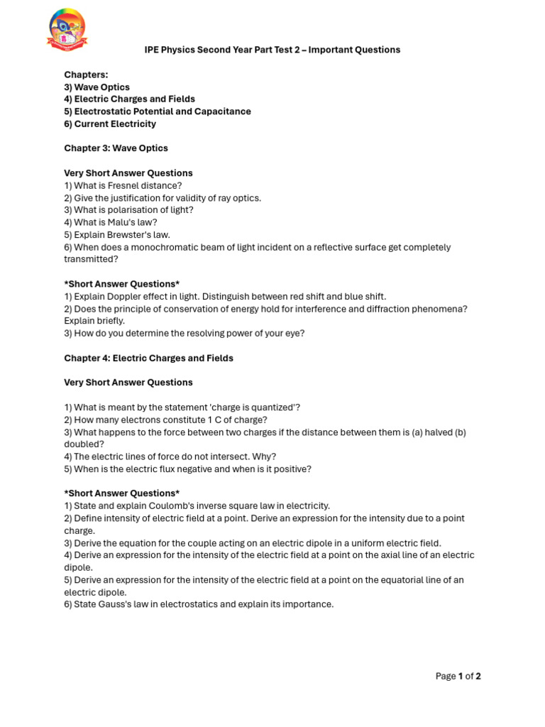 Important Physics Questions for IPE Test | PDF | Capacitance | Capacitor