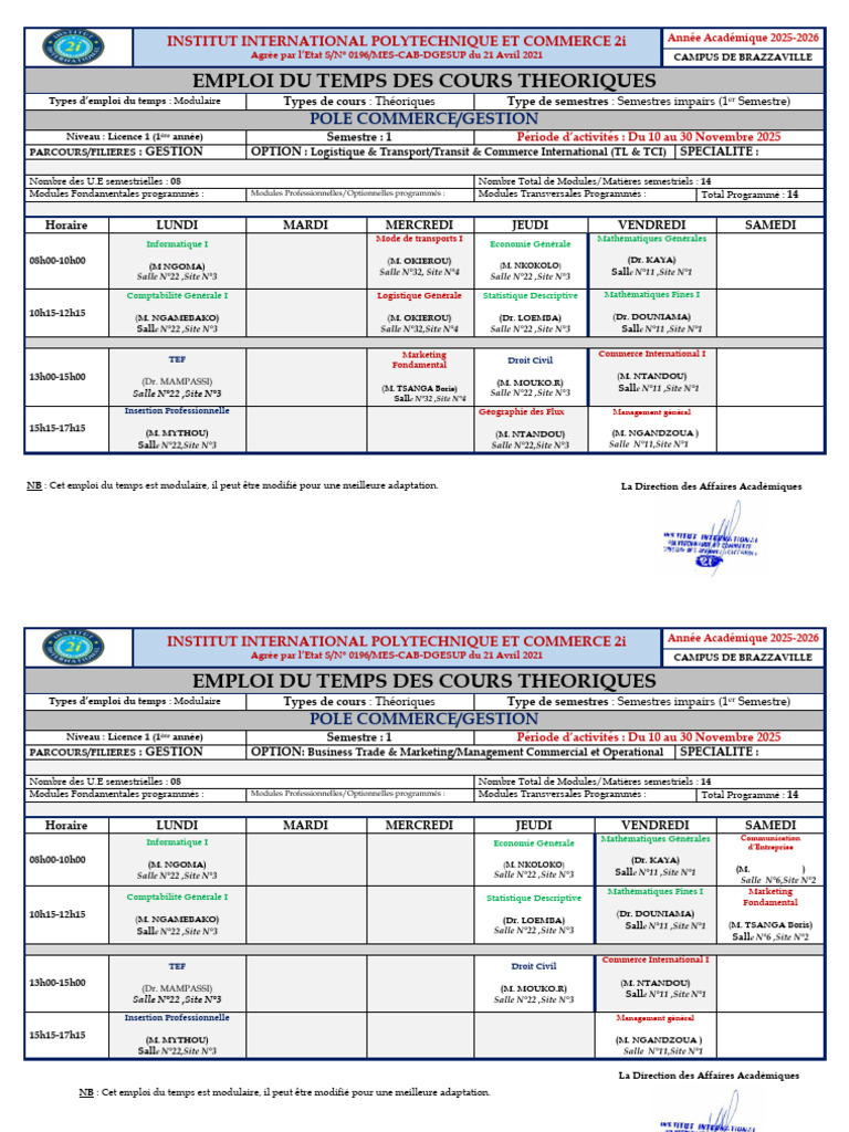 Emploi du Temps Licence 1 - 2025-2026 | PDF | Business | Science