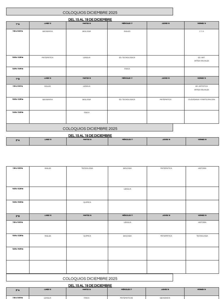 Horarios Coloquios Diciembre 2025 | PDF