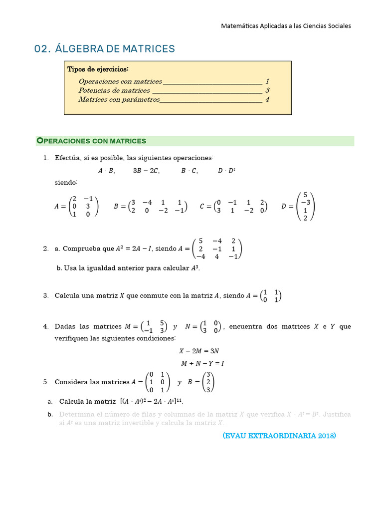 Operaciones y Propiedades de Matrices | PDF | Matriz (Matemáticas ...