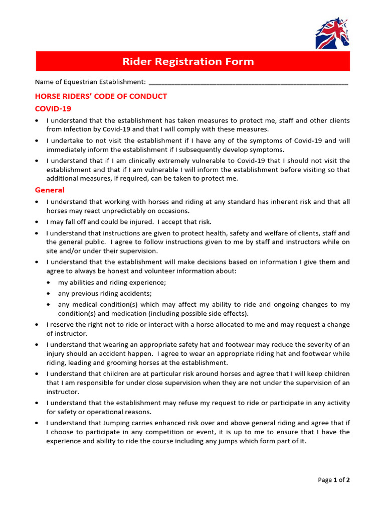 Equestrian Rider Registration & Safety Form | PDF | Equestrianism