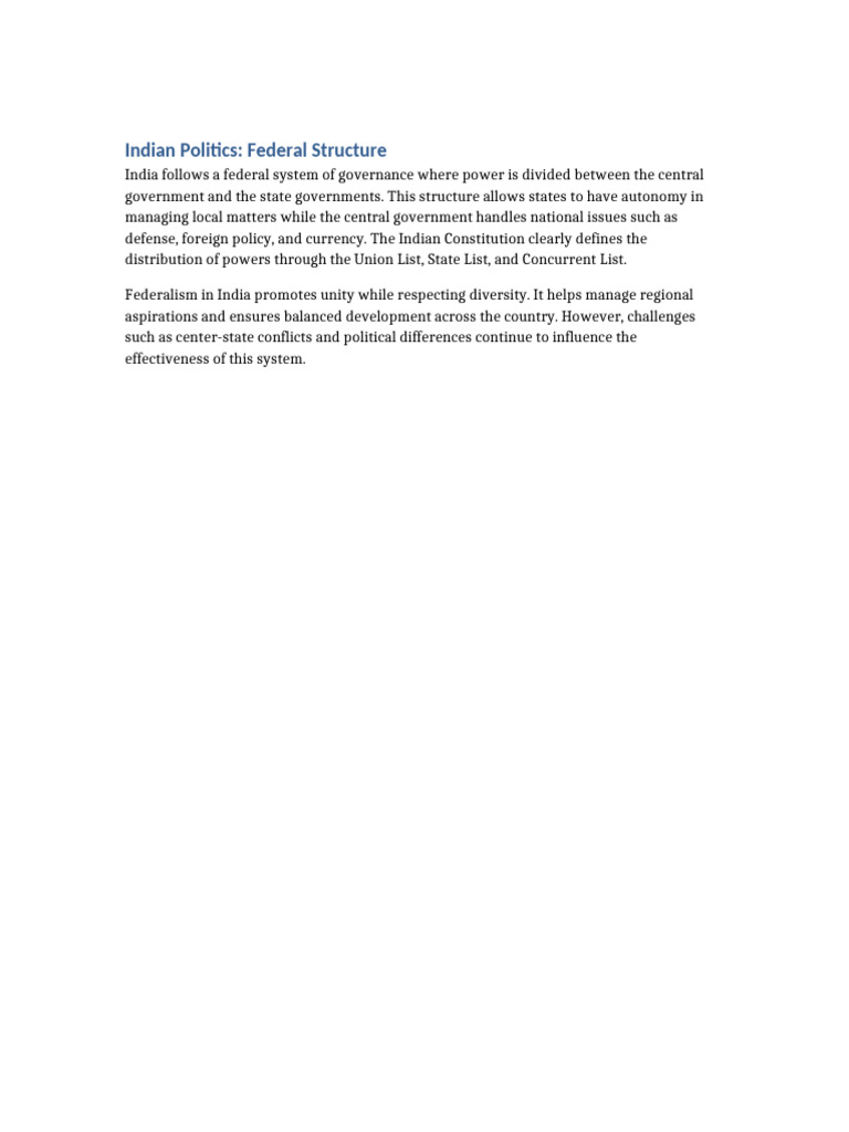 Indian Federal Structure Explained | PDF