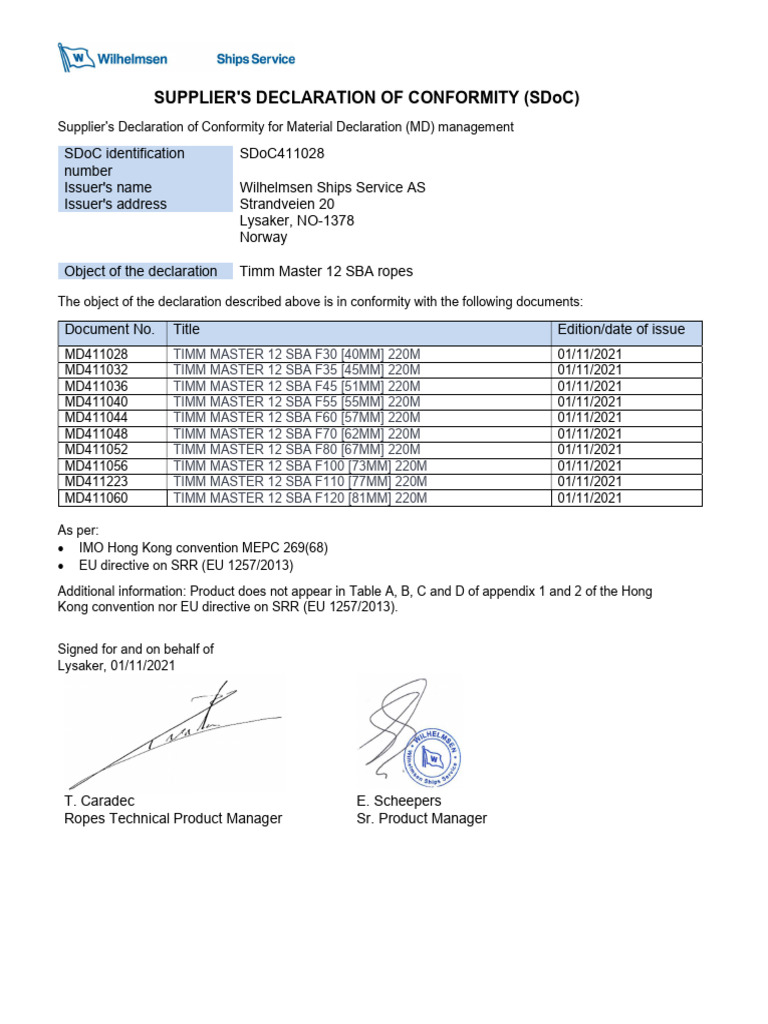 Supplier Declaration for TIMM Master Ropes | PDF | Chlorofluorocarbon ...