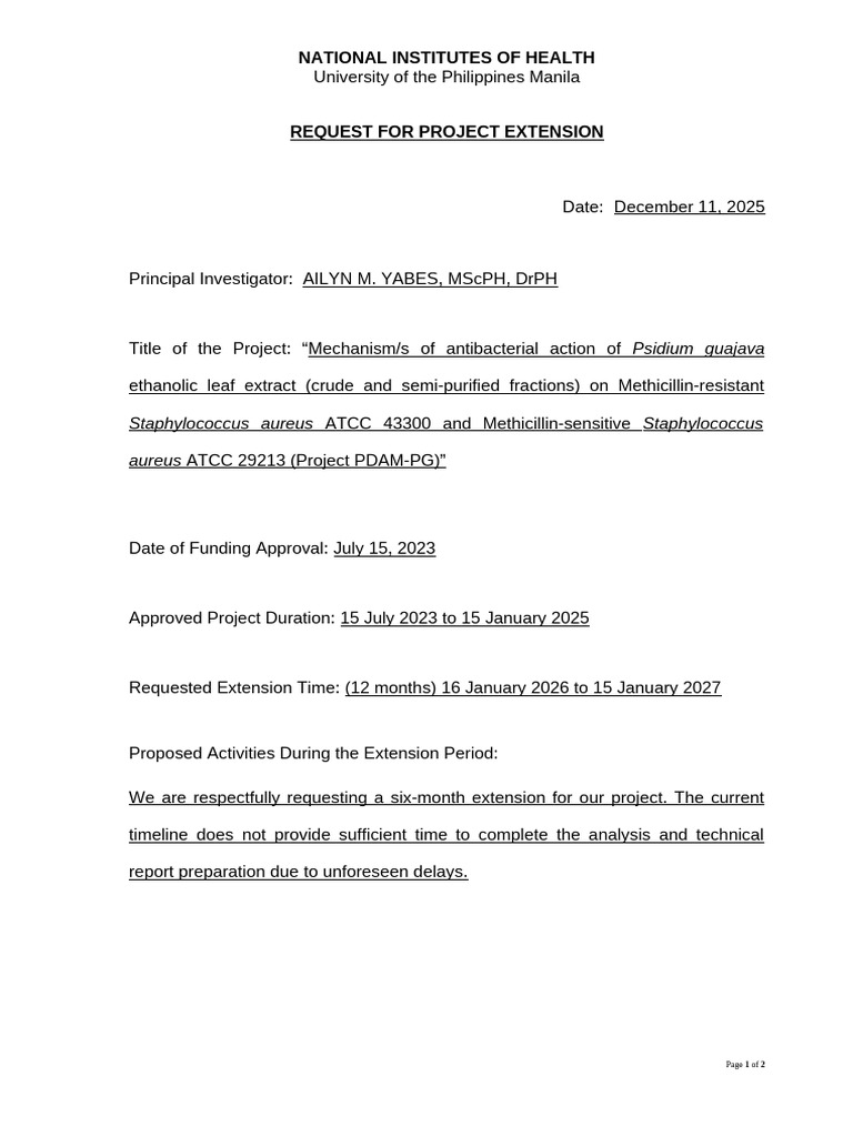 Request for Project Extension on Antibacterial Study | PDF