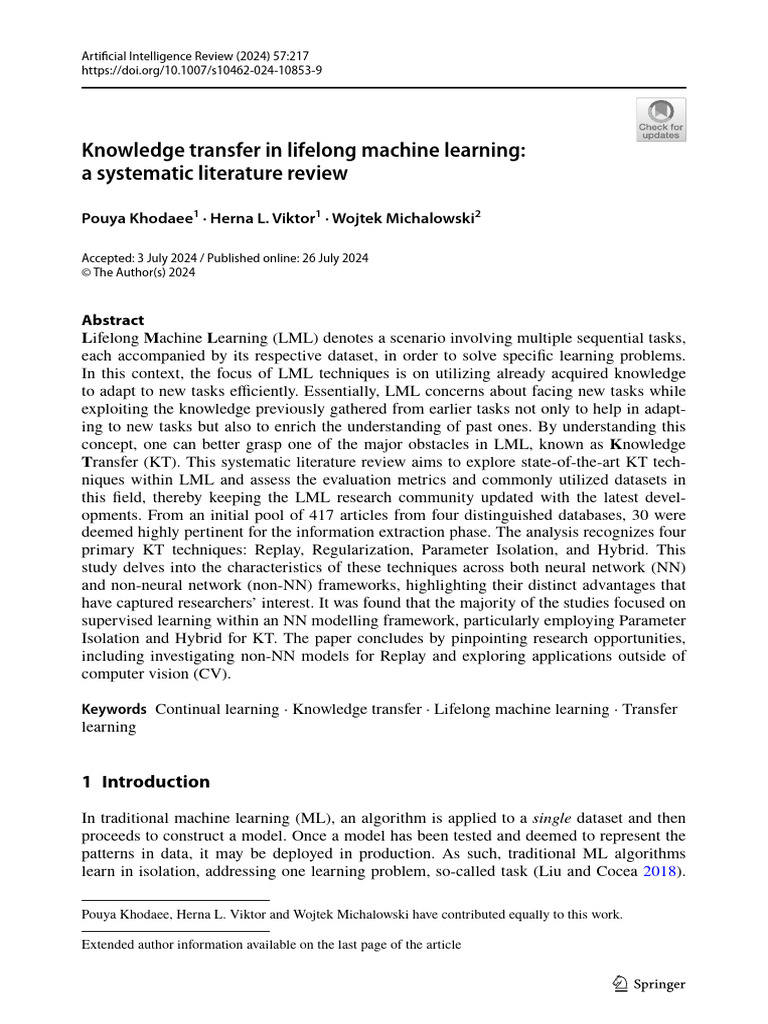 Knowledge Transfer in Lifelong ML Review | PDF | Machine Learning ...