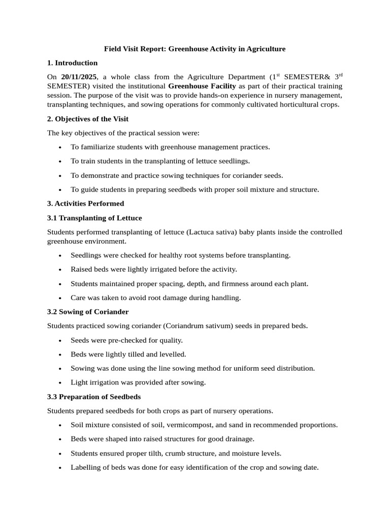 Field Visit Report | PDF | Plant Nursery | Sowing