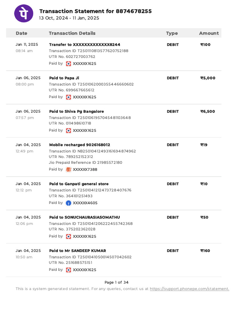 Transaction Statement: 8874678255 | PDF | Debits And Credits | Debit Card