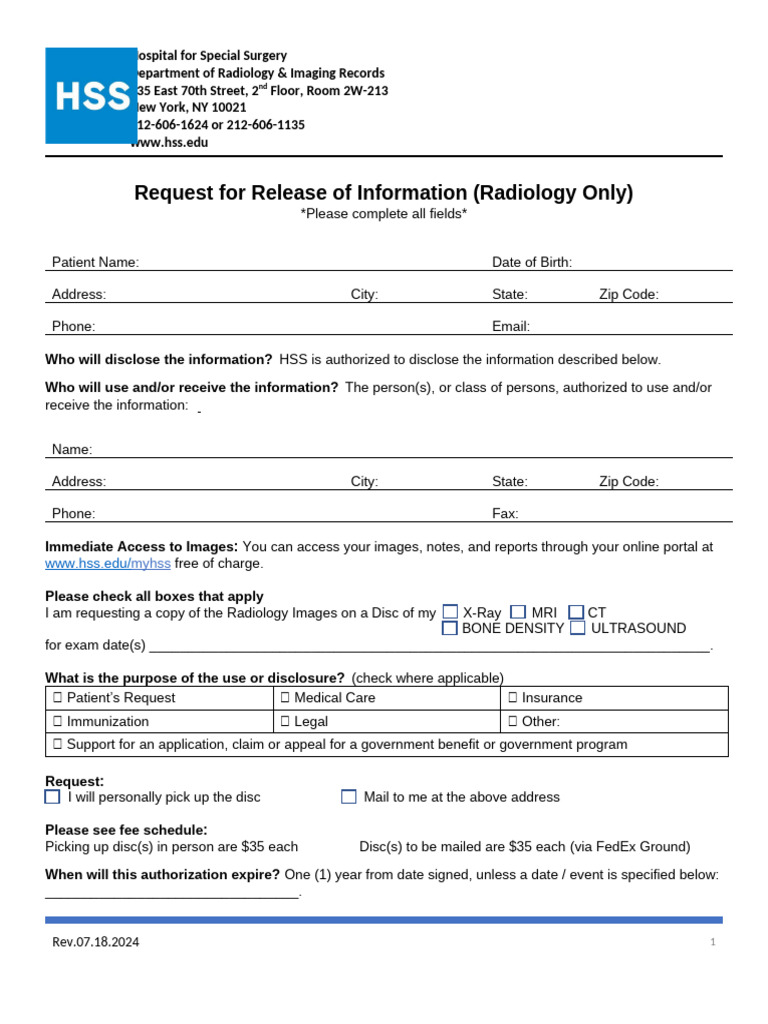Request For Release of Information (Radiology Only) | PDF | Radiology ...