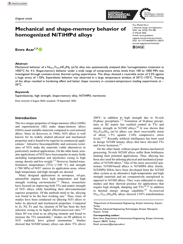 Acar 2022 Mechanical and Shape Memory Behavior of Homogenized Nitihfpd ...