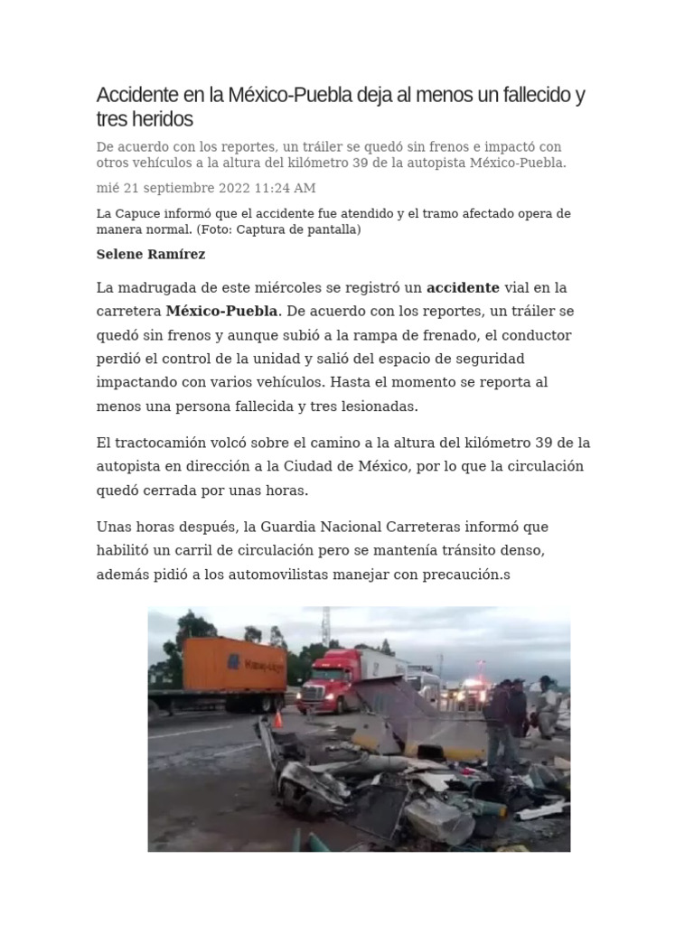 Accidente en La México-Puebla Deja Al Menos Un Fallecido y Tres Heridos ...