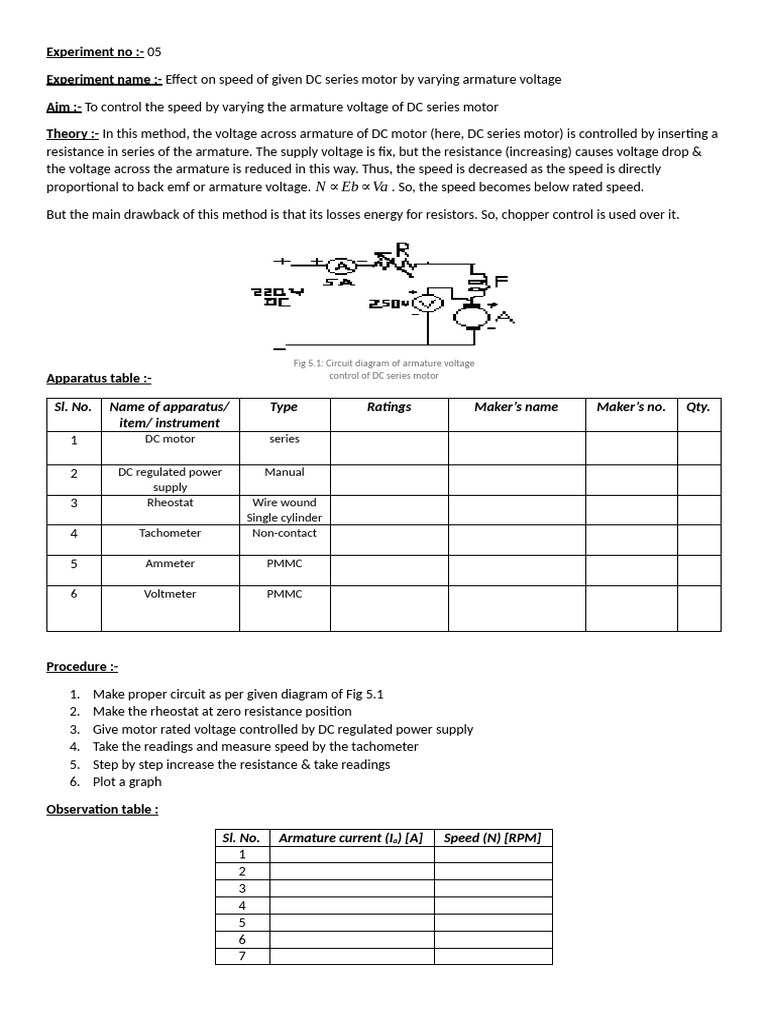 DC Series Motor Speed Control Experiment | PDF | Voltage | Physical ...