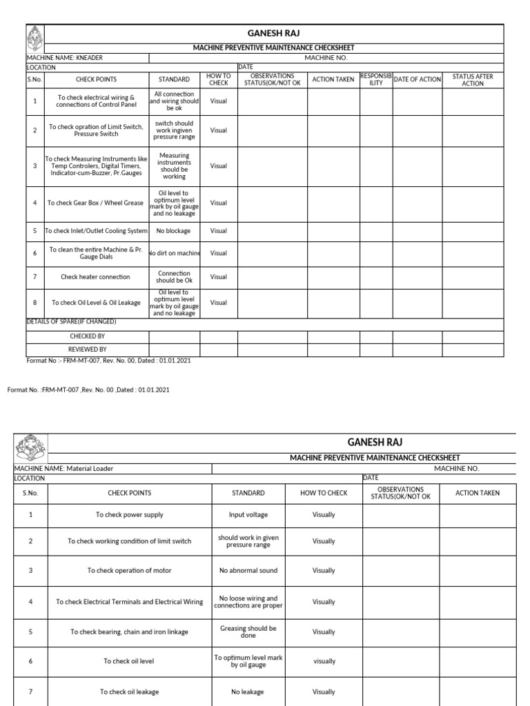 Machine Preventive Maintenance Checklist | PDF | Switch | Power Supply