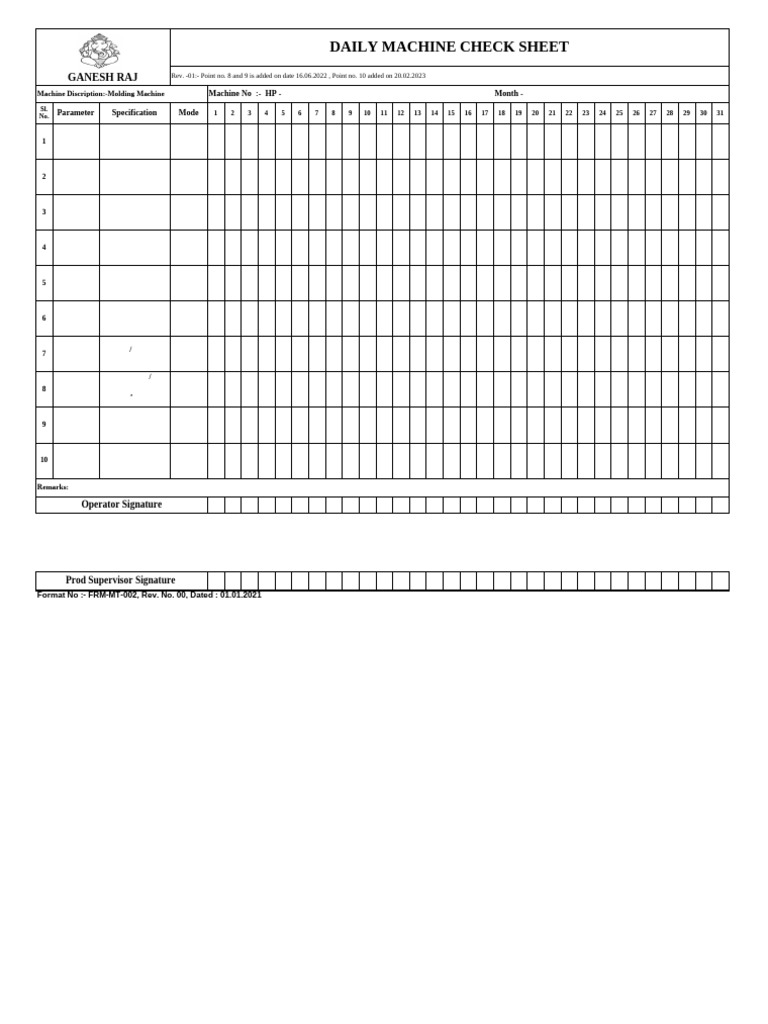 FRM-MT-002 Daily Machine Check Sheet | PDF