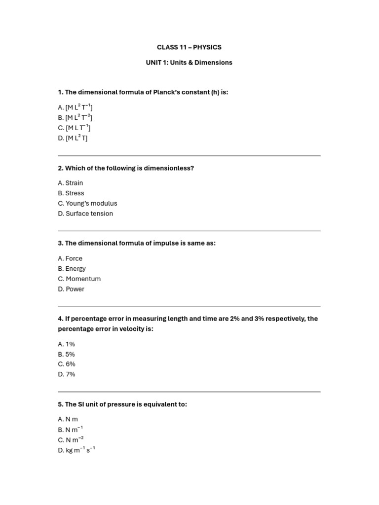 Physics MCQ Class 11 Unit 1 | PDF | Force | Momentum