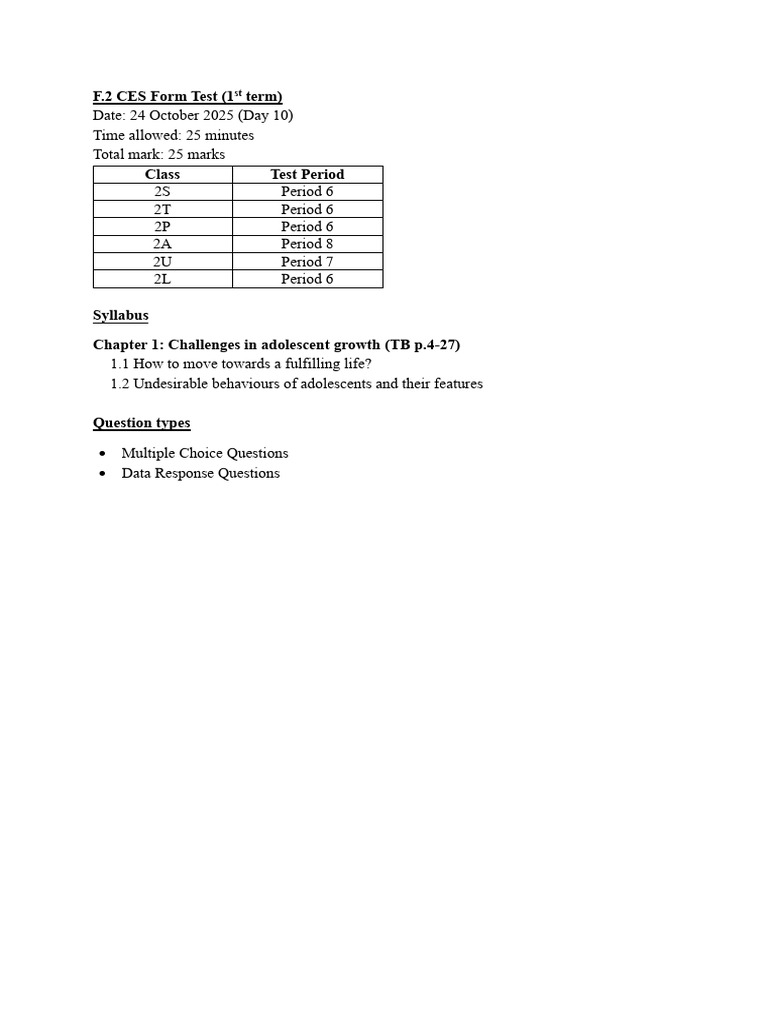 25-26 F.2 CES Form Test Reminder - 1st Term | PDF