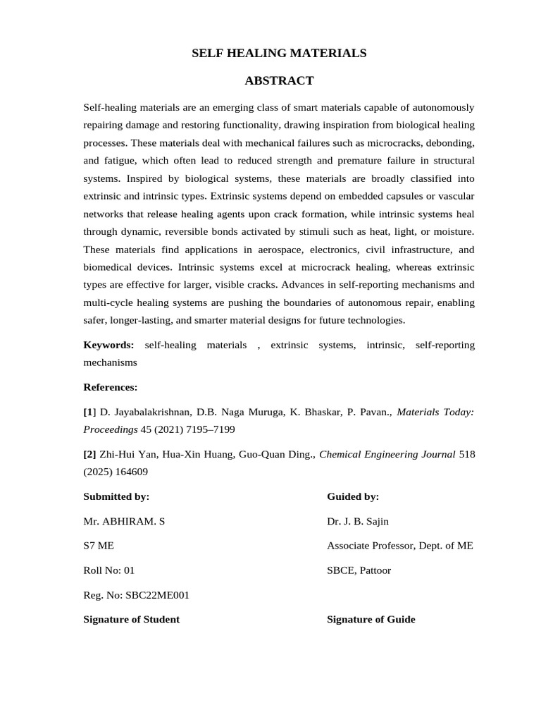 Seminar Final Abstract Self Healing Materials Sajin Sir Final-1 | PDF