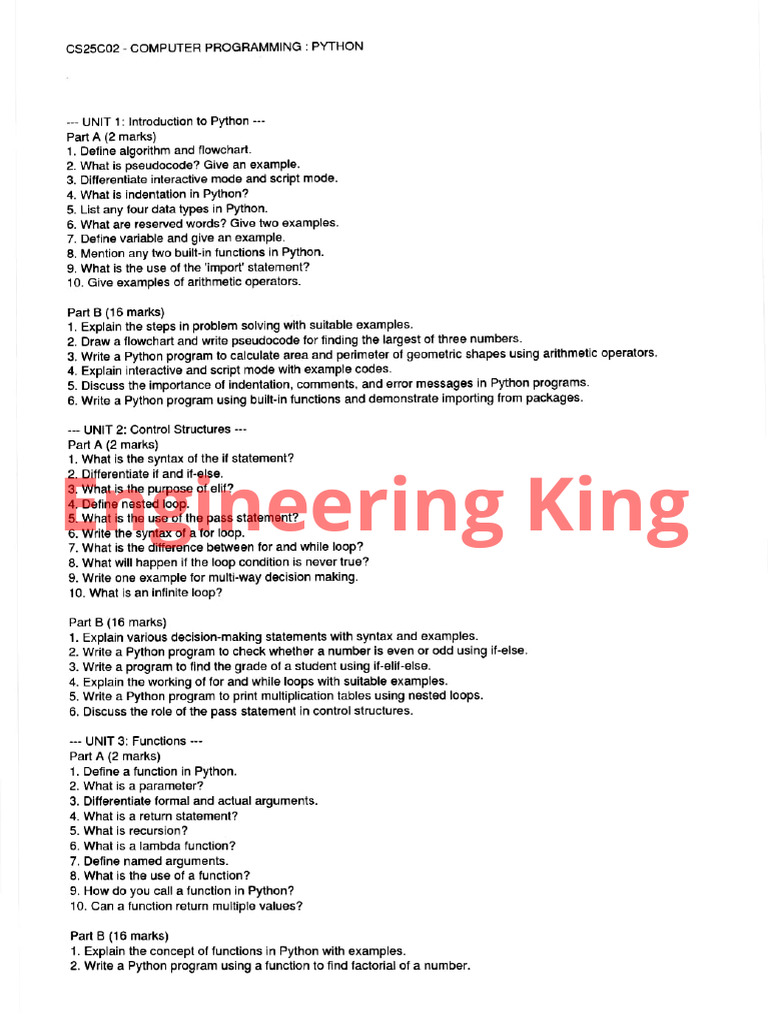 CS25C02 Unit Wise Important | PDF | Python (Programming Language ...