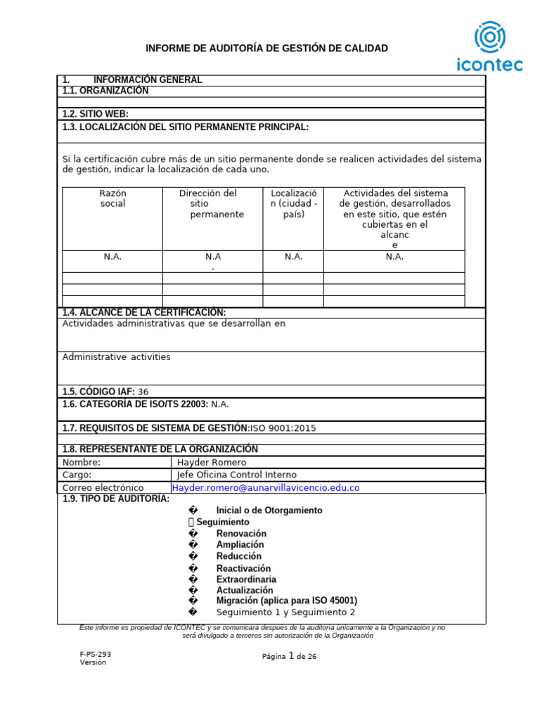Informe de Auditoría de Calidad ISO 9001 | PDF | Sistema de manejo de ...