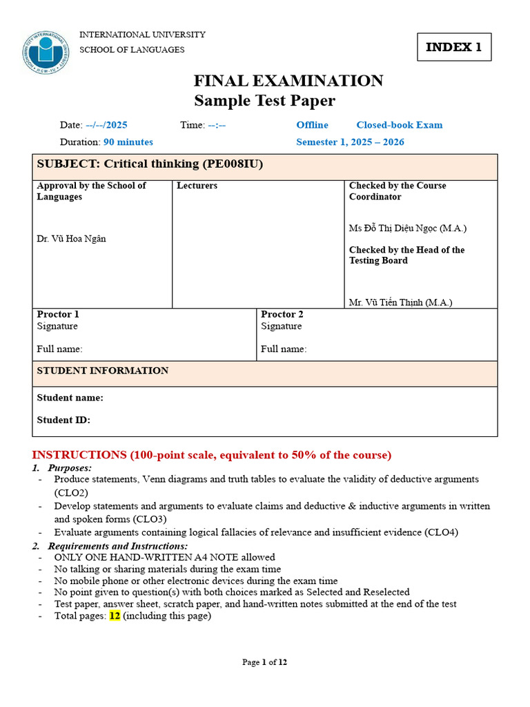 Critical Thinking Exam Sample Paper | PDF | Fallacy | Argument
