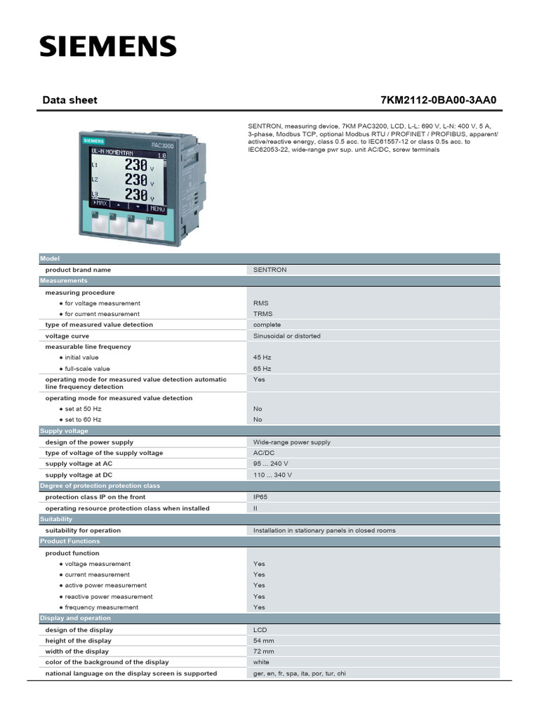 SENTRON PAC3200 Data Sheet | PDF | Alternating Current | Voltage