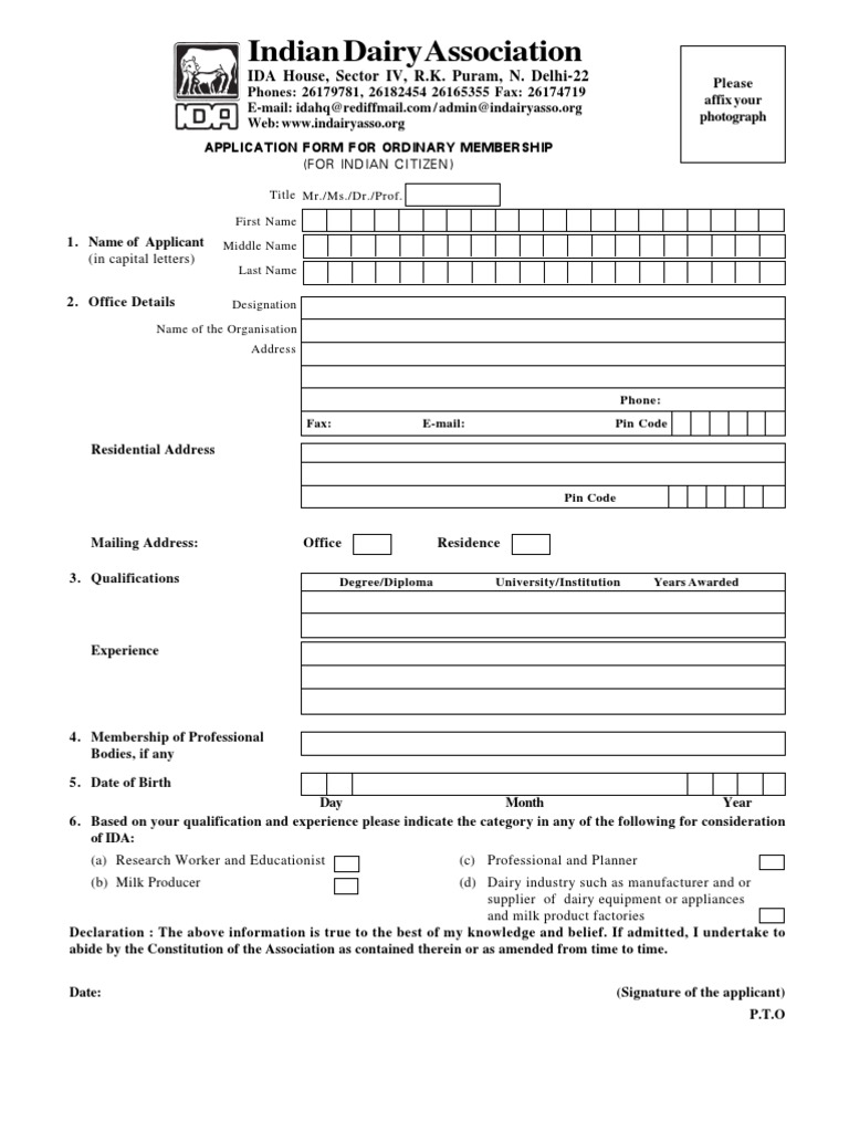 Oridnary Membership Form IDA Dairy Dairy Government