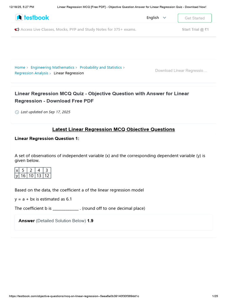 Linear Regression MCQs with Answers PDF | PDF | Least Squares ...