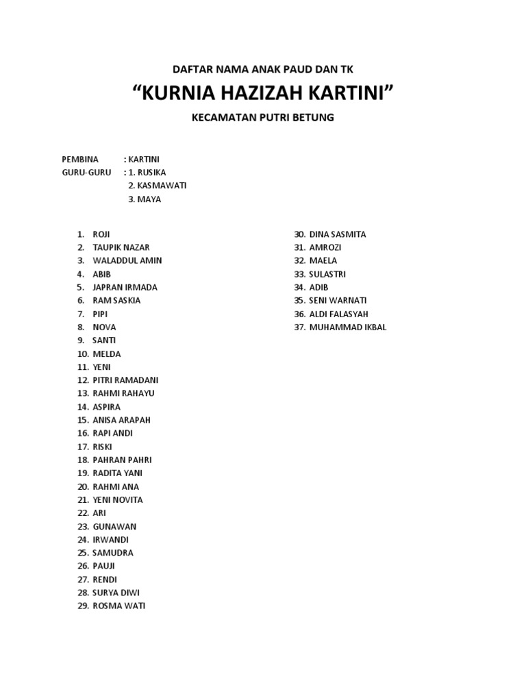 Daftar Nama Anak Paud Dan Tk Pdf